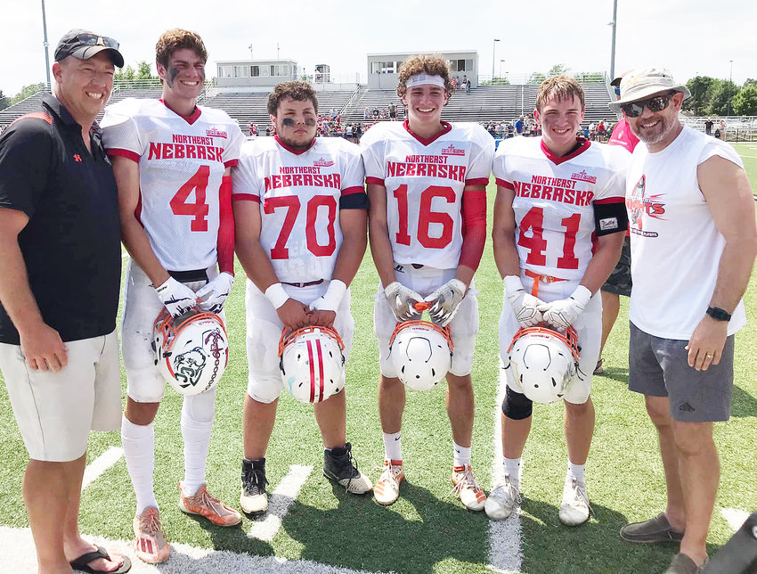 The Oakland-Craig players that competed in the Northeast Nebraska Football All-Star Classic in Norfolk were from left Carson Thomsen, Jon Dixon, Grady Gatewood and Tavis Uhing. Included in the picture are Oakland-Craig coaches Joe Anderson and Scott Guzinski.