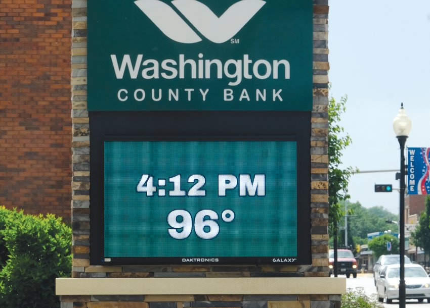 The Washington County Bank sign shows 96 degrees on June 13. Temperatures this weekend are expected to climb above 100 degrees.