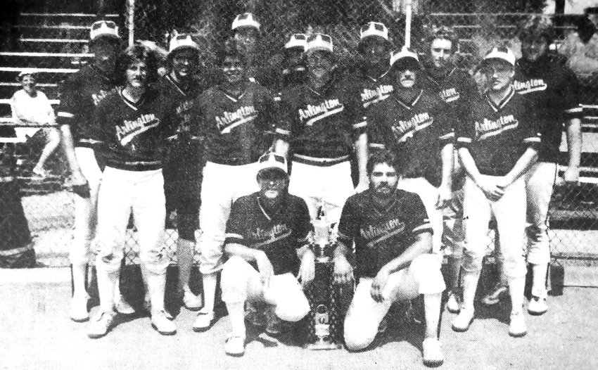 The Arlington Merchants played through a successful baseball season in 1983. Front row, from left: Gary Baker and Scott Stork. Middle row: Troy Wakefield, Ted Hanlon, Todd Wulf, Bill Wehner and Wayne Knoell. Back row: Lonny Clausen, Charlie Meyer, Jeff Sterner, John Sperry, Tim Wulf, Dan Halstead and Larry Voss.