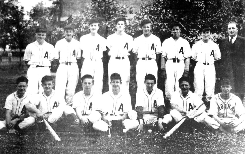 The 1941 Arlington High School state baseball champions pose for a photo. Front row, from left: Don Gifford, Lyle Wilkinson, Jerry Wolters, Curt Schmidt, Gene Kruger, Laverne Cunningham and Gordon Anderson. Back row: Glen Echtenkamp, Les Sorenson, Ken Toebben, Don Jacob, June Schlapfer, &quot;Snuff&quot; Schlapfer, Warren Brooks, coach and superintendent L.L. Paterson.