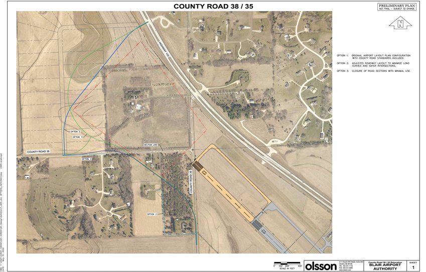 A map shows three proposed options for a road relocation project of County Road 35 to accomodate the expansion of the runway at the Blair Municipal Airport.