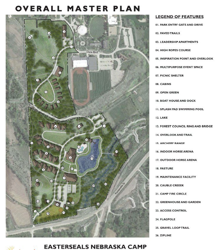 A map shows the features proposed for the Easterseals Nebraska camp on the former Dana College campus.