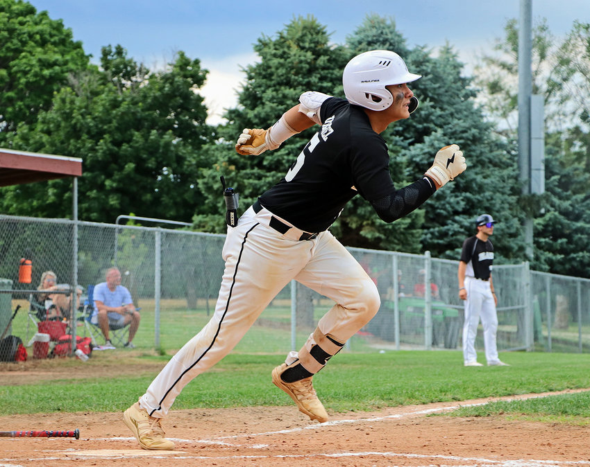 Blair Junior Legion batter Joe Rodriguez races to first base on a two-RBI hit Friday at Elkhorn Mount Michael.