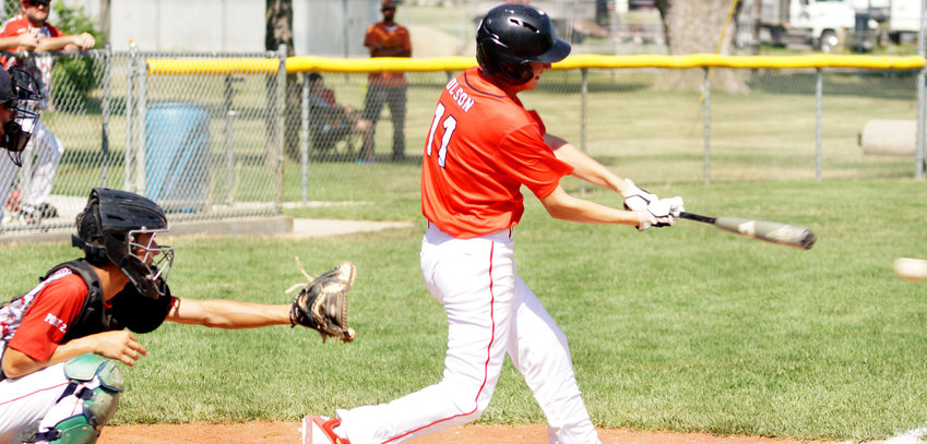 Tyler Olson from Pender drives the ball at the plate in the Jr. Legion District Baseball game against Yutan.