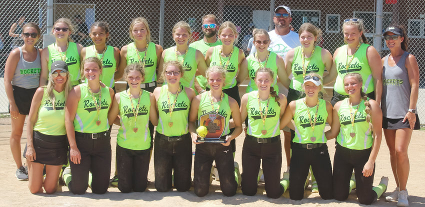 Oakland-Craig Rockets 14s/16s Third at Class State 16s/18s State Tournament. They are from front left Coach Angie Rennerfeldt, Shea Johnson, Briar Ray, Morgan Ray, Adi Rennerfeldt, Bailey Pelan, Kara Selken and Anisten Rennerfeldt. Back row: Coach Mackenzie Charling, Natalie Christensen, Myesha Larson, Laryn Johnson, Bailey Denton, Coach Max Christensen, Madeline Pearson, Lillian Ehlers, Coach Andy Rennerfeldt, Karley Eriksen, Emma Johansen and Coach Nikki Ray.