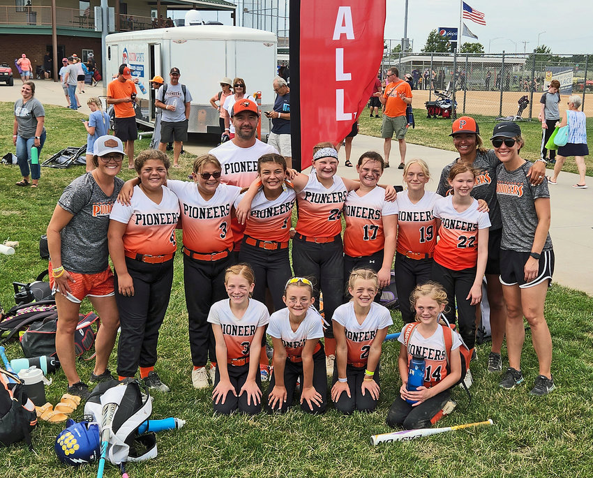 A Fort Calhoun age 10 and younger softball team earned fifth July 17 during the USA Softball of Nebraska Class D State Tournament in Hastings. Front row, from left: Bella Nelson, Ella Dworak, Ione Schneider and Quinn Hallberg. Back row: Coach Ashley Hallberg, Madison Bach, Christina Bach, coach Ty Dworak, Lucy Billesbach, Tinsley Ross, Kaitlyn Gochanour, Olive Hanford, Eloise Barondeau, head coach Sarah Billesbach and coach Erin Schneider. Not pictured: Willow Weaver, Rylie Johnson, Regan Johnson and Alice Kubicek.