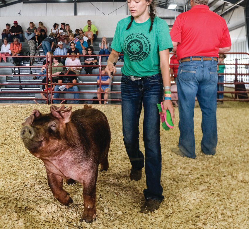 A pig with personality. Ruby Booth sells her market hog at the 2021 WCF Livestock Auction.