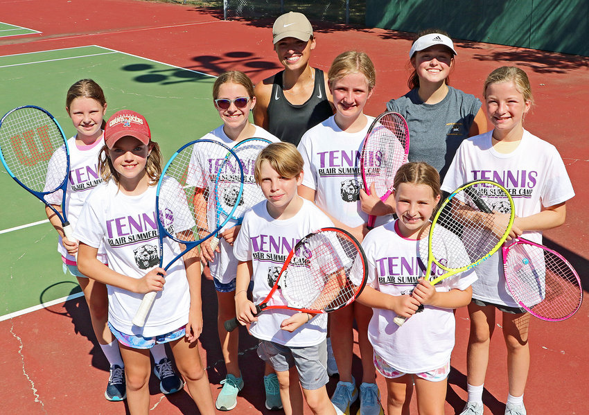 Tennis camp instructors Dallas, back row left, and Jazmyne Roach pose for a photo with their campers July 27 at Stemmermann Park in Blair. Front row, from left: Taylor Beister, Leah Hinman and Lillian Tetrick. Back row: Bailey Batenhorst, Claire Tetrick, Ava Andrews and Savannah Andrews.