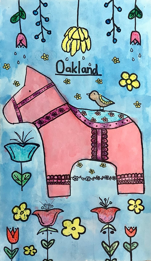 Gracing the backside of each banner on Oakland Ave. is this  Dala Horse creation by Charley Guzinski a 5th-grader at Oakland-Craig at the time.  18 more student creations can be found inside.