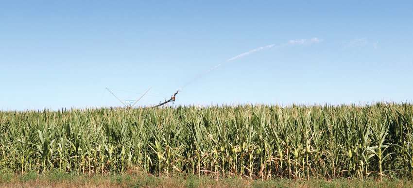 An irrigator spreads water over a corn field near Arlington on Aug. 9.