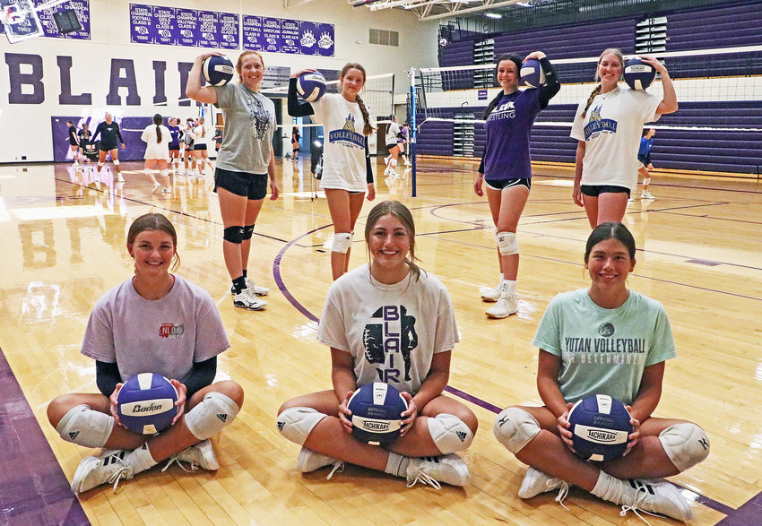 The Blair volleyball team has three returning starters this fall, but five seniors overall. Front row, from left: Taylor Mostek, Peyton Ogle and Schuyler Roewert. Back row: Norah Cloudt, Abigail Schlachter, Natalie Reed and Ellia Klanderud.