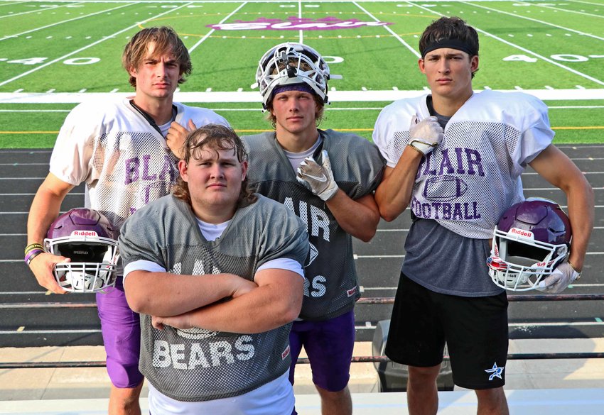 Senior Seagan Packett-Trisdale, front, and Bode Soukup, from left, Dane Larsen and Shae Wendt return as starters for the Blair Bears this fall.