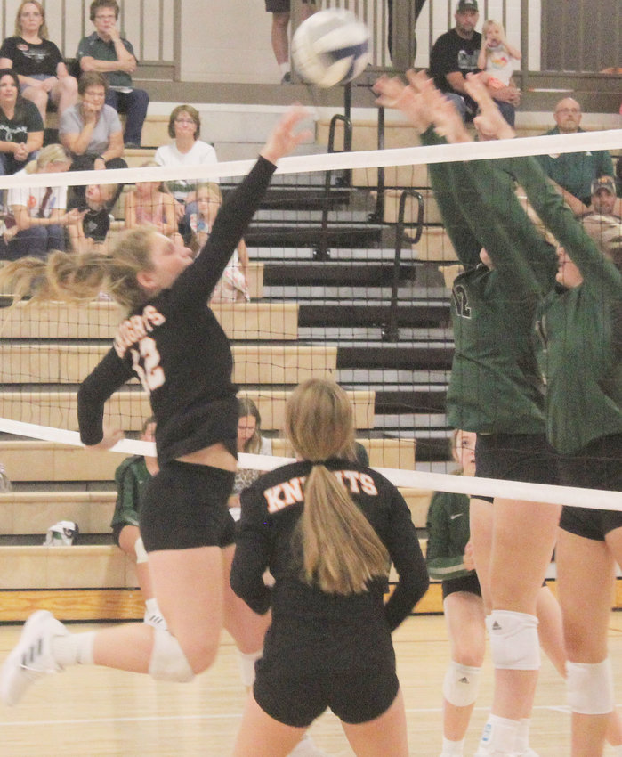 Morgan Ray goes up for an attack at the net during the JV Howells-Dodge game.