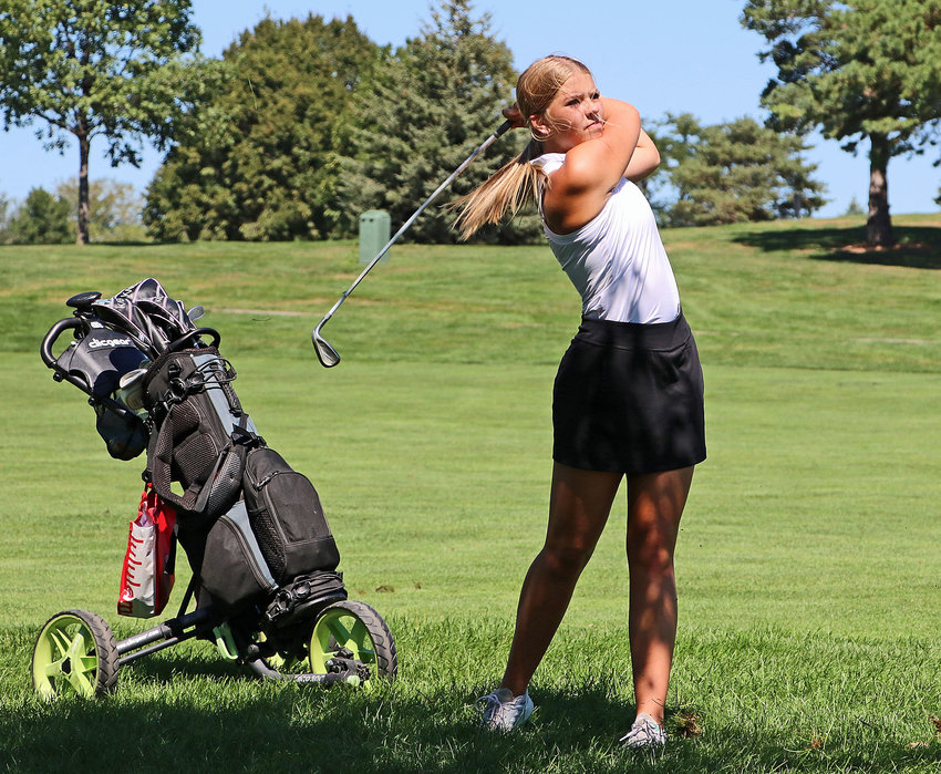 Blair's Mallory Stirek watches her shot on No. 9 Tuesday at Tiburon Golf Club.