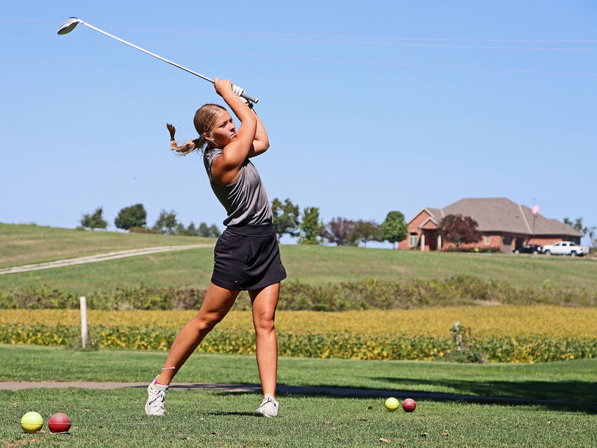 Blair's Mallory Stirek tees off Monday at River Wilds Golf Club.