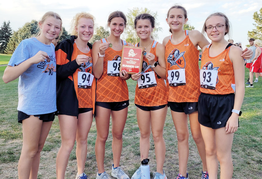 Oakland-Craig Lady Knights Varsity runner-up at Pender from left: Carolyn Magnusson, Madison Enstrom (15th), Chaney Nelson (1st), Gabi Linder (11th), Brooklyn Richards and Brennan Ahrens.