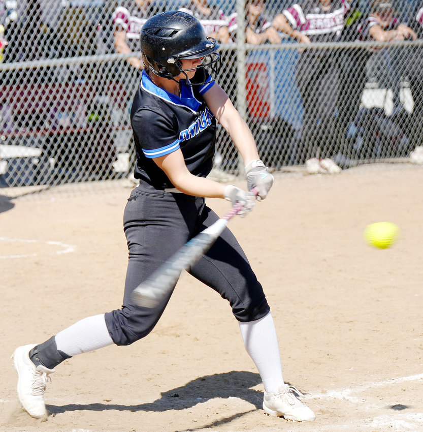 Marissa Kibby #4 swings away at the plate in the first round of the Capitol Conference Tournament held in Scribner last Saturday.  #6 LVSS fell to #3 Arlington 2-8 in the first round.