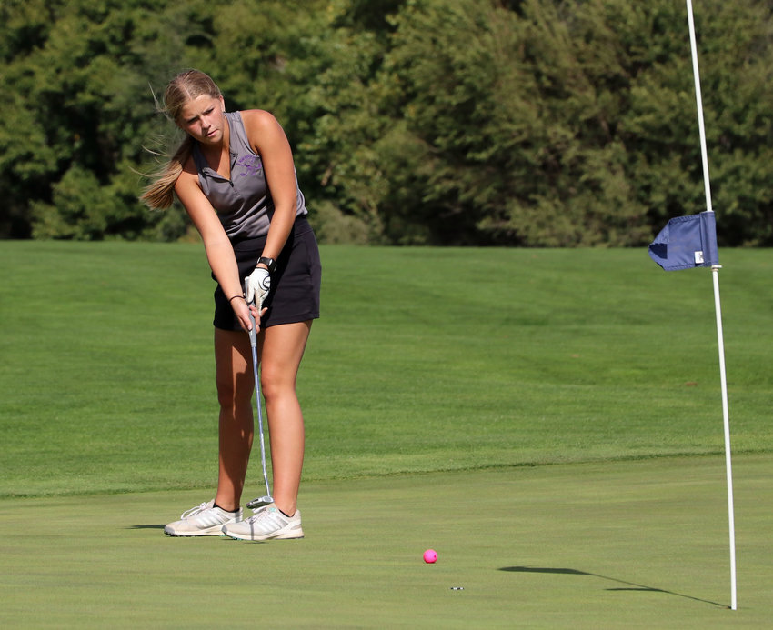 Blair senior Mallory Stirek putts on hole No. 18 Monday at River Wilds Golf Club.