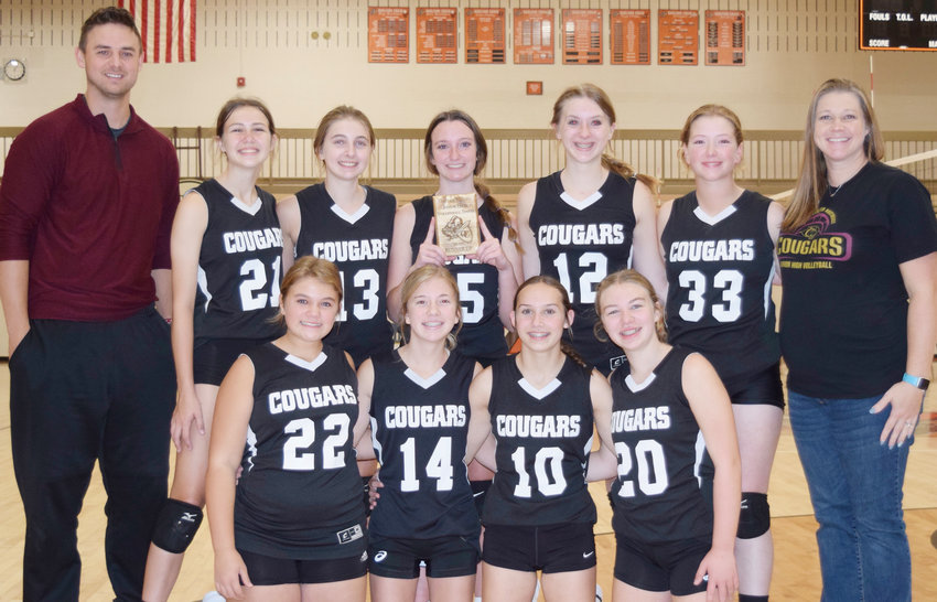 The Lyon-Decatur Northeast Lady Cougars Junior High team was runner-up at the O-C tournament this weekend. They are from front left: Jaylynn Imonen, Cameron Maryott, Larsen Olsen, and Kenley Brink. Back row Coach Aaron Stemen, Linden Anderson, Kellyn Knaak, Brylee Hayes. Lexis Petersen, Kassi Simonsen, and Coach Kendra Boden.