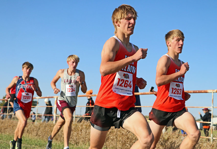 Fort Calhoun's Lance (1264) and Ely Olberding (1263) race Thursday during the Class C-2 District meet at Sycamore Farms near Waterloo.