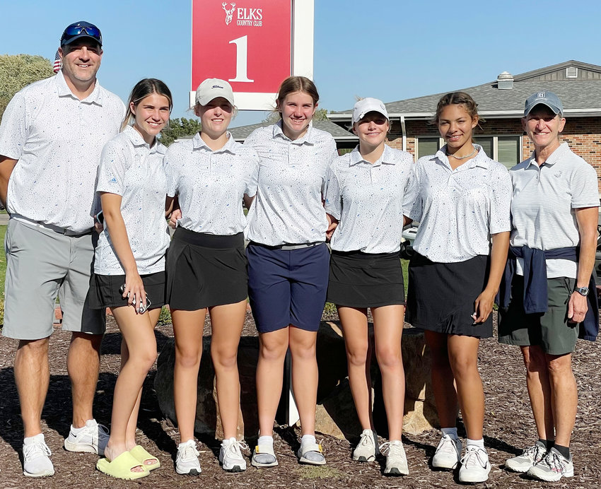 CongratulationsLady Knights on a banner season.  It has been nearly a quarter of a century since their scores have been beaten as a team.  State Qualifiers were (fron left) Coach Mike Selk, Valerie Lierman, Kara Selken, Sonya Guzinski, Emma Anderson, Myesha Larson, and Assistant Coach Annette Faudel.