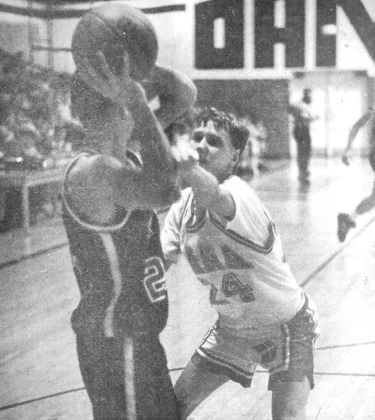 Dana College's Rob Coursey, right, institutes full-court pressure against Sioux Falls (S.D.) during a 1992 men's basketball game at Borup Coliseum.