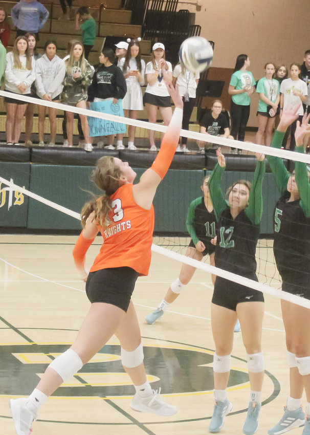 Shea Johnson goes for the kill at the net during the Bergan game.
