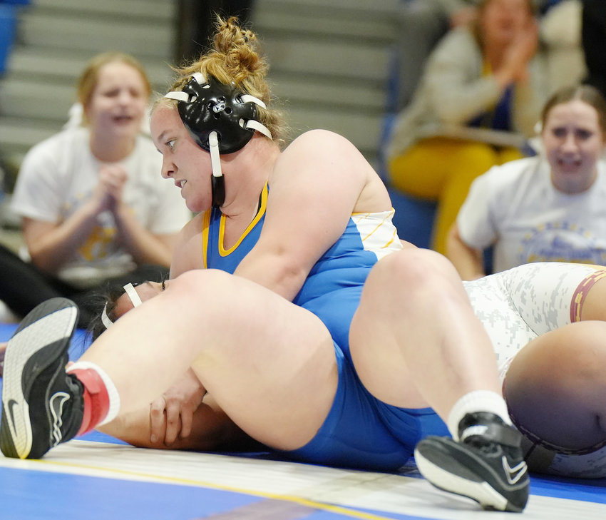 Logan View Senior Tawny Irvin works to get the pin against Lyons-Decatur.