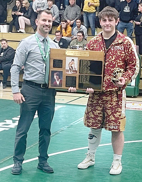 LDNE Senior Daven Whitley was proud to win the Wrestler of the Night Award over the weekend. Dedicated to the memory of Pat Semrad.
