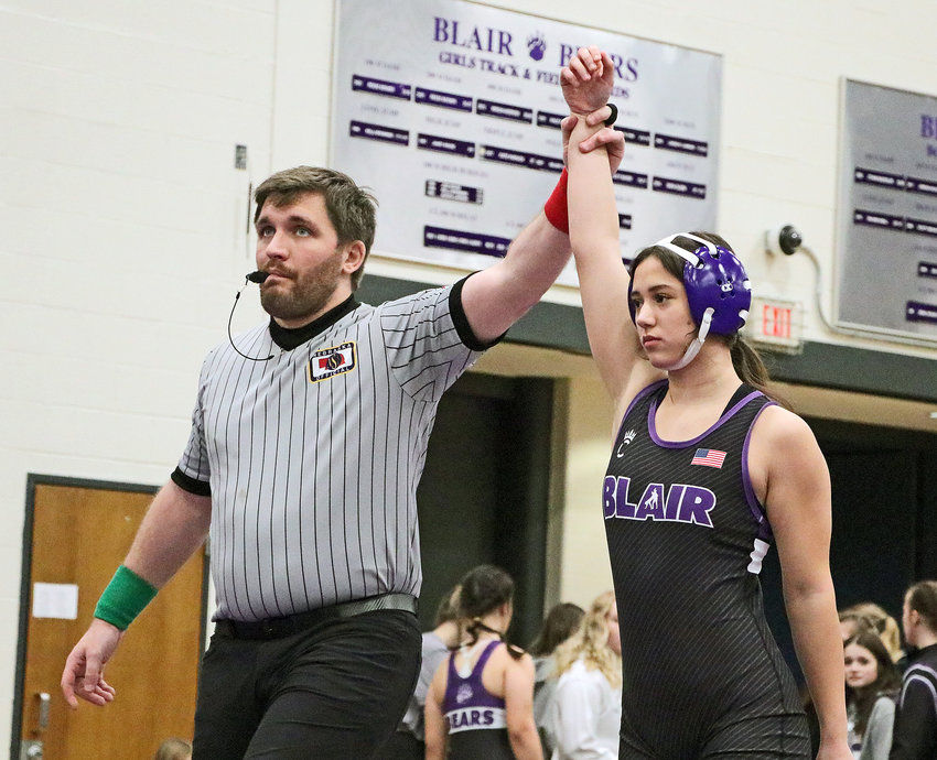 The Bears' Abigail James has her hand raised by the referee Tuesday at Blair High School.