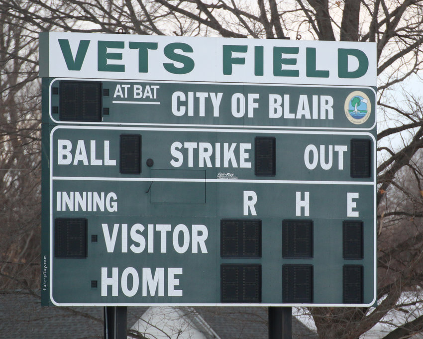 The current scoreboard at Vets Field.