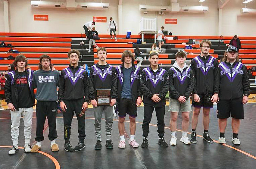 Blair wrestlers Hudson Loges, from left, Luke Frost, Tyson Brown, Jesse Loges, Brock Templar, Yoan Camejo, Kaden Sears, Jim Rasmussen and Seagan Packett-Trisdale claimed state qualifications Saturday during the Class B District 4 Tournament in Ogallala.