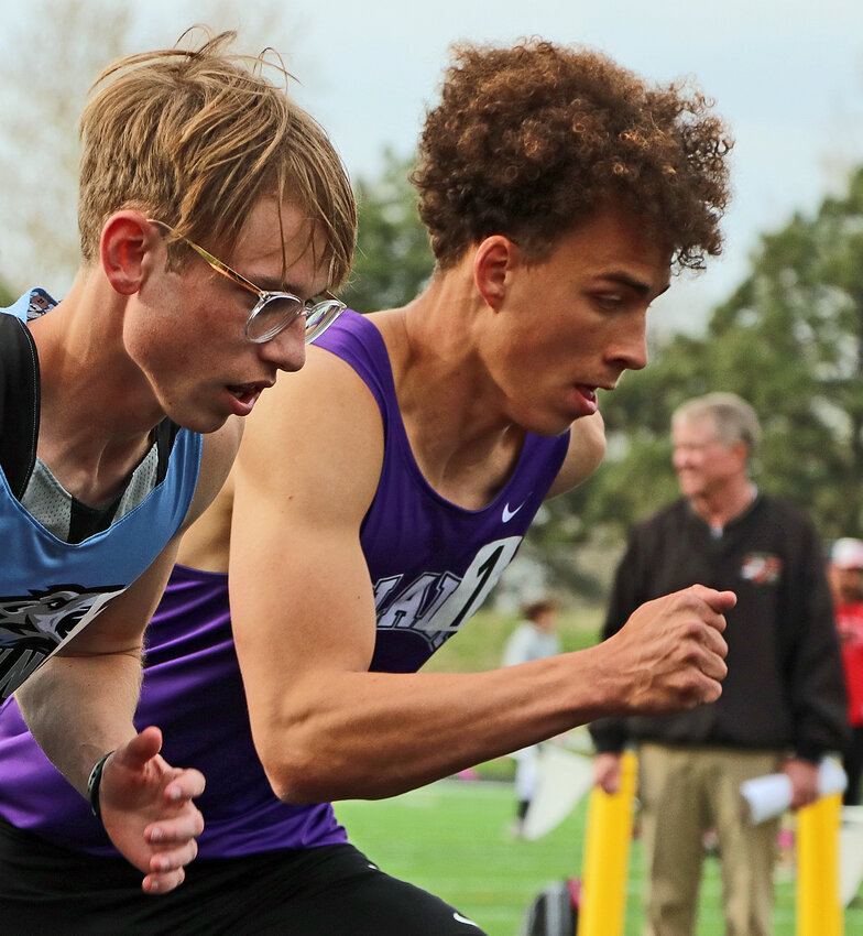 Blair Bears senior Nolan Slominski, right, races off of the line at the start of the 800-meter run Thursday during the Mike Lehl Invite at Krantz Field. The Dakota State track and field recruit won the race, besting second-place Ryker Pithan, left, of Elkhorn North.