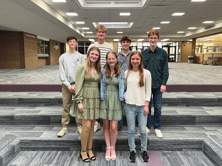 Pictured front row, from left: Maddie Walters, Izzy Hartvigsen and Claire Locken, back row, from left: Justin Bird, Caleb Funk, Logan Uptmor and Derek Penner.