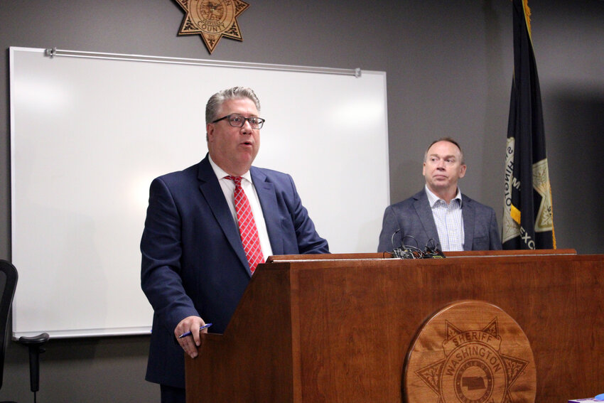 Scott Vander Schaaf, Washington County attorney, and Blair Police Chief Joe Lager address media during a press conference following Elijah Logan's first hearing Wednesday in County Court.