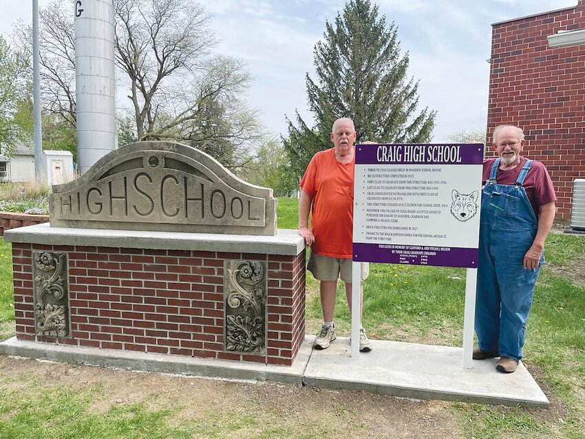 Steve (Tiny) Nelson and brother Claire Nelson with the help of their sister Pam Wachter (not pictured) erected a sign to mark the spot of the former Craig School.  The sign was created to honor the memory of their parents Clifford A. and Vivian Nelson.  The sign displays the history of the former school.