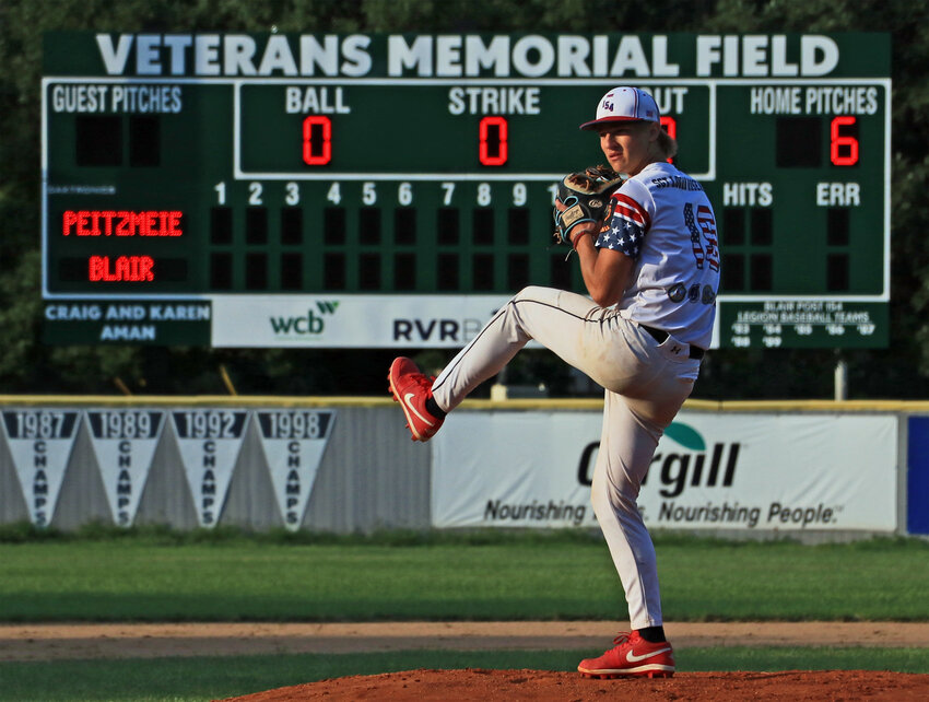 Blair Senior Legion right-hander Blaine Rosenbaum pitches Thursday at Vets Field.