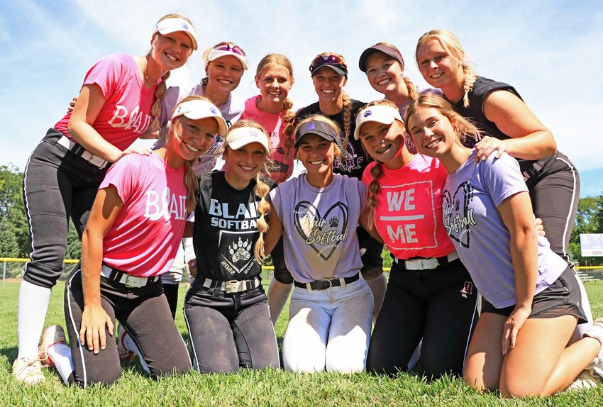 Blair softball seniors and returning starters pose for a photo Saturday after an intrasquad scrimmage at the Blair Youth Sports Complex. Front row, from left: Leah Chance, Audie Keeling, Greta Galbraith, Brooke Janning and Reese Beemer. Back row: Bria Scott, Sophia Wrich, Joslyn Policky, Nessa McMillen, Claire Mann and Kalli Ulven.