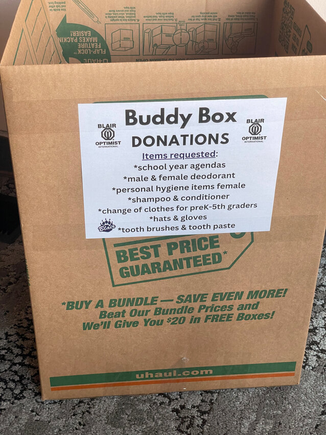One Buddy Box donation is placed at the Washington County Community Foundation office. Ten other businesses are participating in the donation boxes.