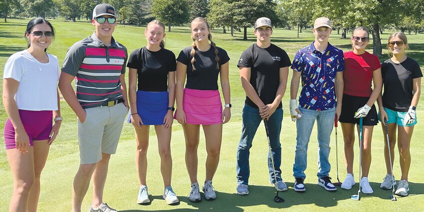 Recent Oakland-Craig grads participate in the annual Friends of Oakland Foundation Scholarship Golf Outing as a way to give back.  Pictured are (from left) Maycie Johnson, Trevor Weitzenkamp, Kara Peterson, Shea Johnson, Dawson Rhodes, Connor Guill, Reese Johnson, and Charli Webster.