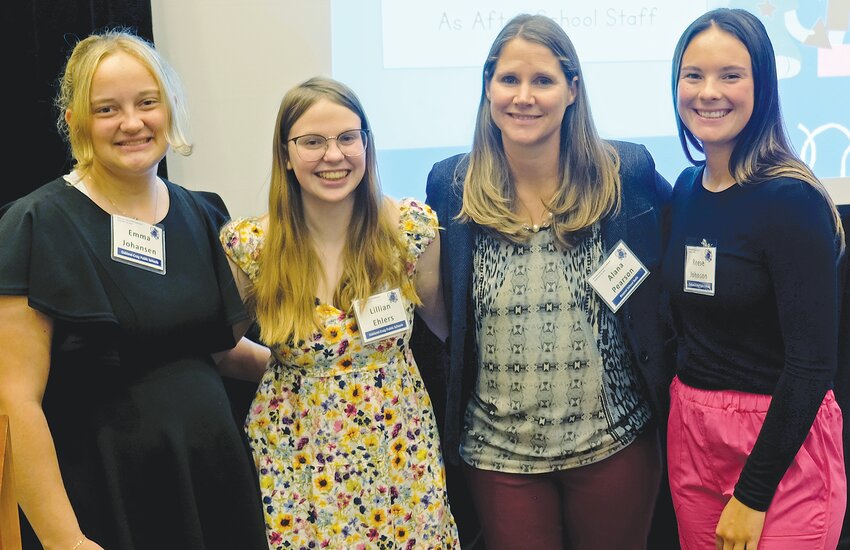 Sharing their experience with the Bright Knights afterschool program at a Get Connected conference in Omaha were Oakland-Craig seniors Emma Johansen and Lillian Ehlers, former program director Alana Pearson, and recent O-C graduate Reese Johnson.