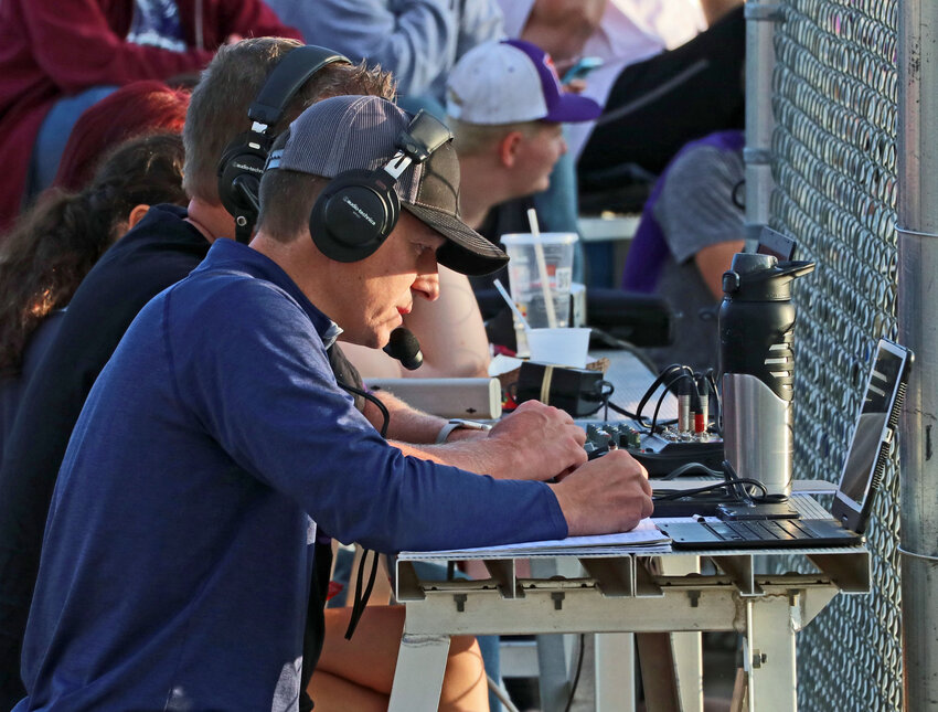 Broadcaster Brian Abrahams calls Tuesday's Blair High School softball game at the Youth Sports Complex.