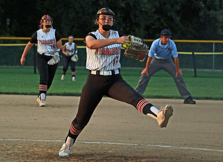 Pioneers right-hander Tacey Belina pitches Monday during the Class C-1 Subdistrict Tournament in Fort Calhoun.
