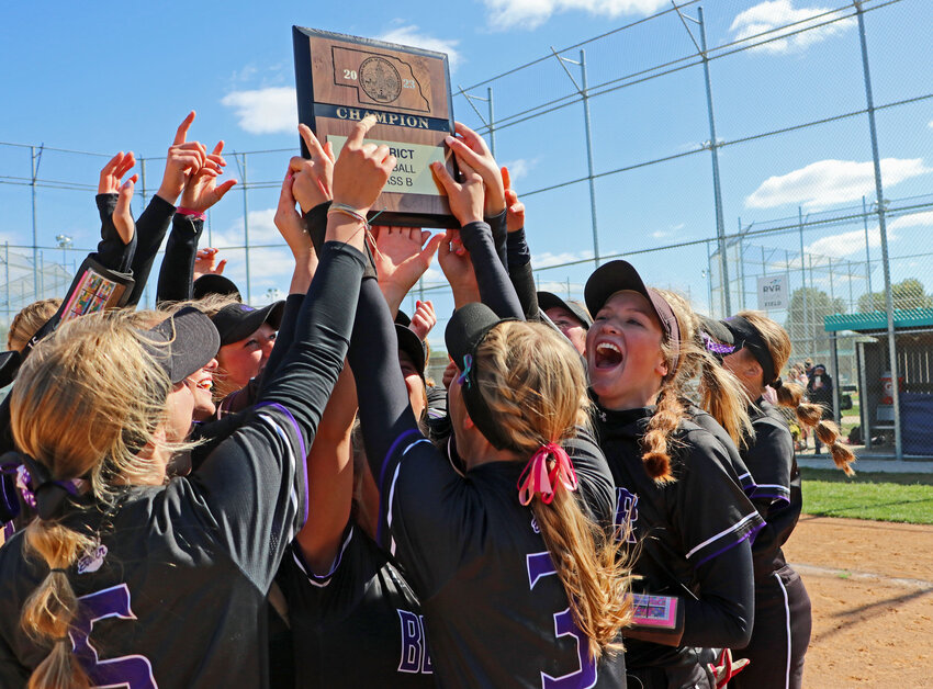 The Blair High School softball team celebrates a second-straight Class B District Finals victory Friday at the Youth Sports Complex. The Bears swept Aurora 2-0 during teams' best-of-three series and will now return to the NSAA State Championships in Hastings.