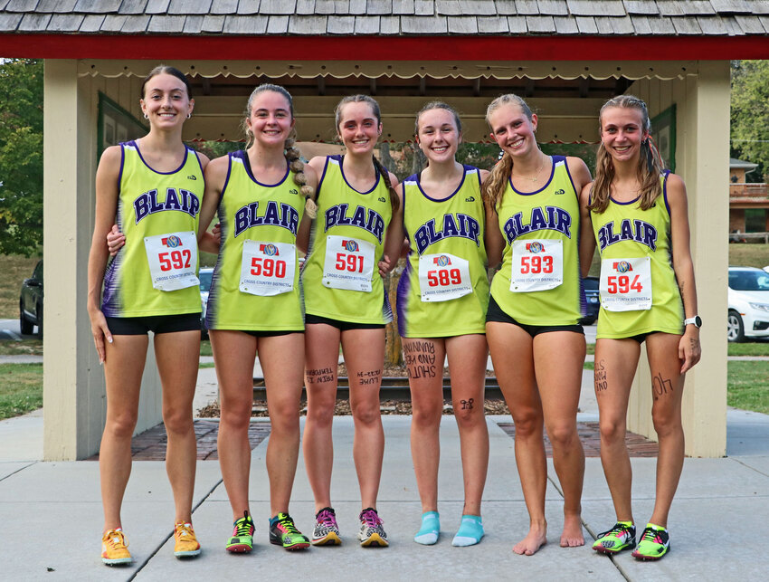 The Blair High School girls cross-country team qualified for the 2023 NSAA State Championships during a district race Oct. 11 in Plattsmouth. From left: Reece Ewoldt, Allie Czapla, Nadia Davey, Ryen Anderson, Ryleigh Schroeter and Jade Wickwire.