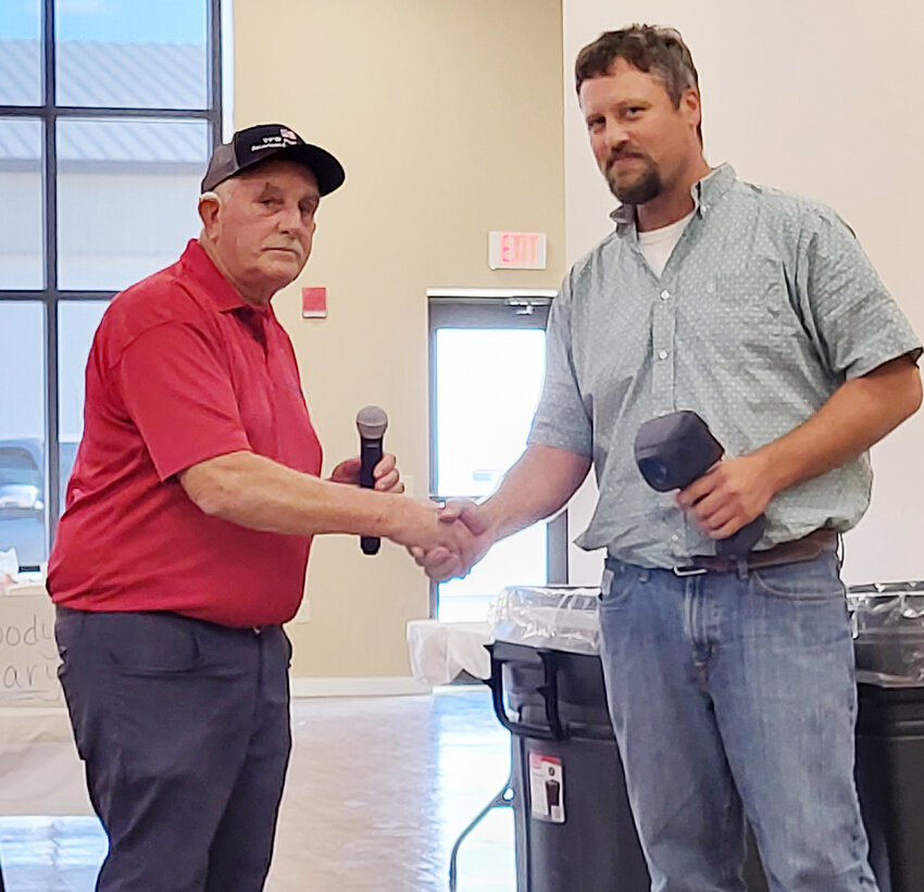 With help from the funds raised by the burger and brat fundraiser Jerry Ludwig (right) with the VFW and Legion was happy to help the Lyons Fire Department get a new thermal imager. He is pictured with Lyons Fire Chief Stuart Miller (left).