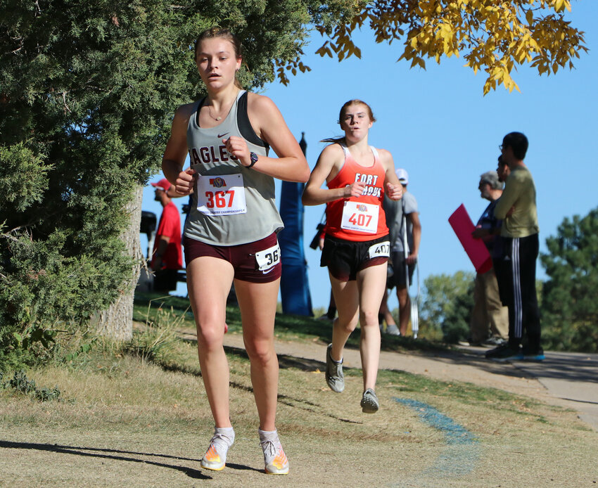 Arlington's Hailey O'Daniel, left, and Raeann Massey of Fort Calhoun finished seventh and eighth Friday during the NSAA Class C State Cross-Country Championships in Kearney.