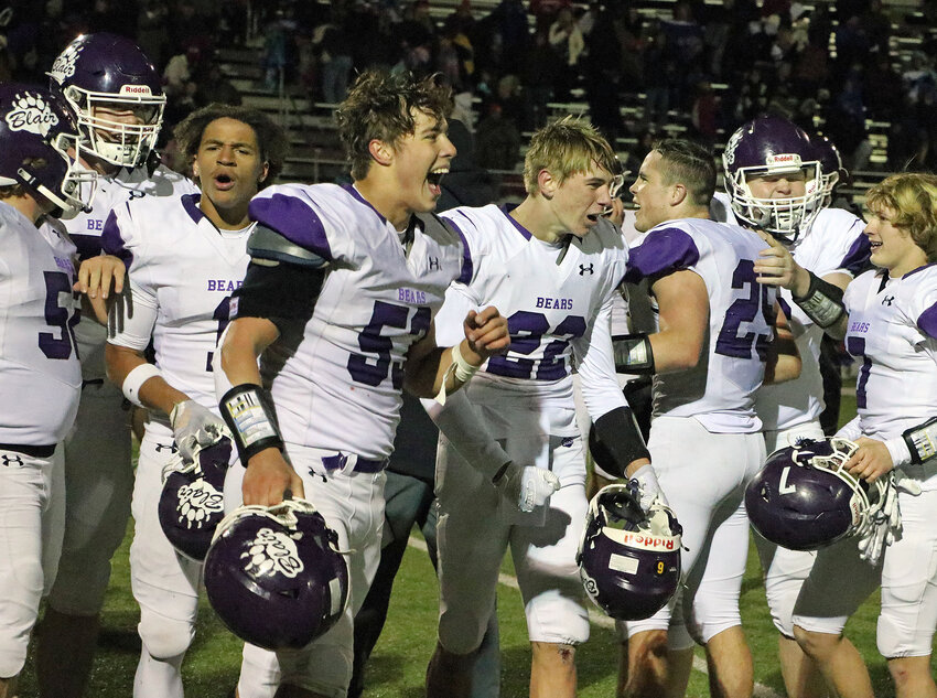 The Blair Bears celebrate a 21-14 first round Class B playoff win Friday at Plattsmouth High School.