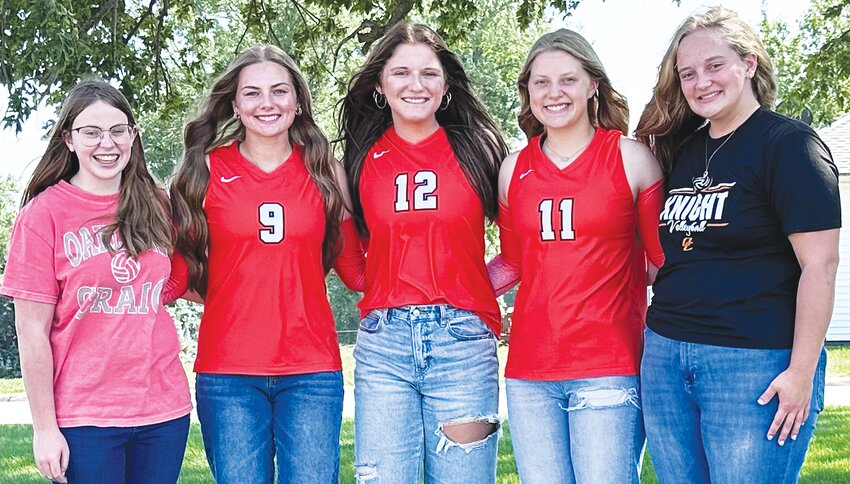 Wrapping up their high school volleyball careers are Lady Knights seniors Liliann Ehlers, Anisten Rennerfeldt, Morgan Ray, Bailey Denton, and Emma Johansen.