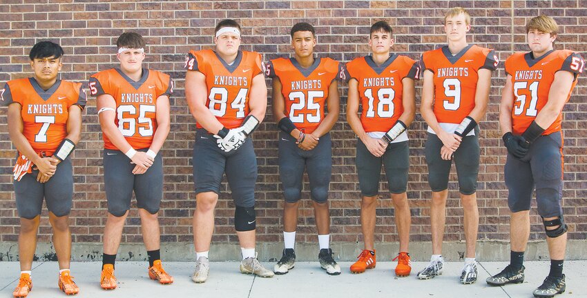 2023 Oakland-Craig Football Seniors took their last snap as Knights. Good luck as you move into the next adventure.  Pictured are (from left) Kevin Mendez, Jesse Droescher, JT Brands, Avery Bryan, Lincoln Benne, Emmet Johnson, and Kylar Case.
